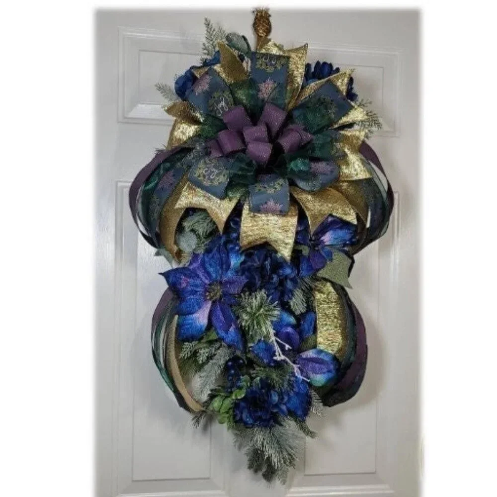 Blue Joy Poinsettia and Hydrangea with Mixed Pines Swag, Holiday Swag